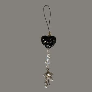 Black Glitter Heart Cell Phone Charm with Silver Shooting Star Pendant